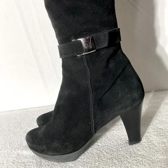 Vintage 90s C La Canadienne Black Suede Round Toe Chunky Heel Knee High Boots 10 - Picture 4 of 14